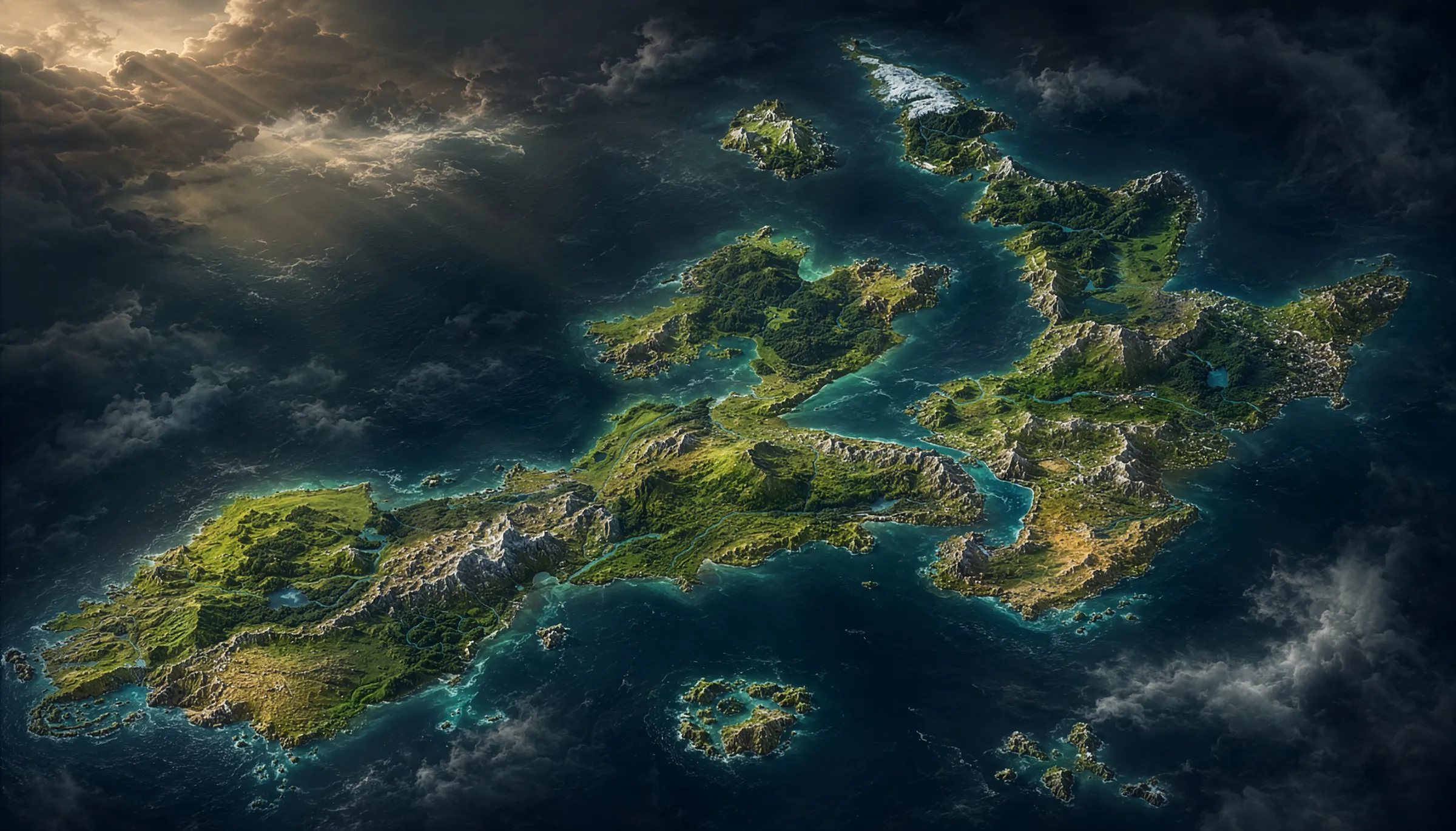 Mappa del continente di Landmar con le 11 città di Ikhari: Aral Maktar, Tyrion, Eldaloth, Bran Ator, Aird Engard, Chalal, Durenor, Temperia, Cala di Sendar, Druin ag Ghitaran e ZhagBurz